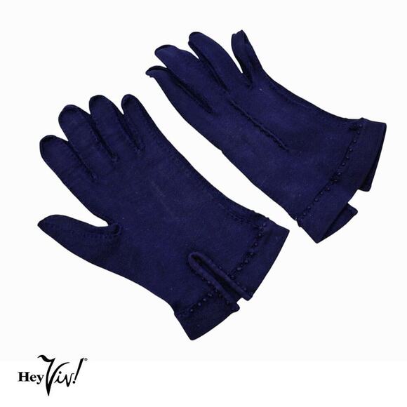 Vintage Blue Cotton Gloves French Knots Wrist Length Outside Stitching - Hey Viv - Picture 1 of 5